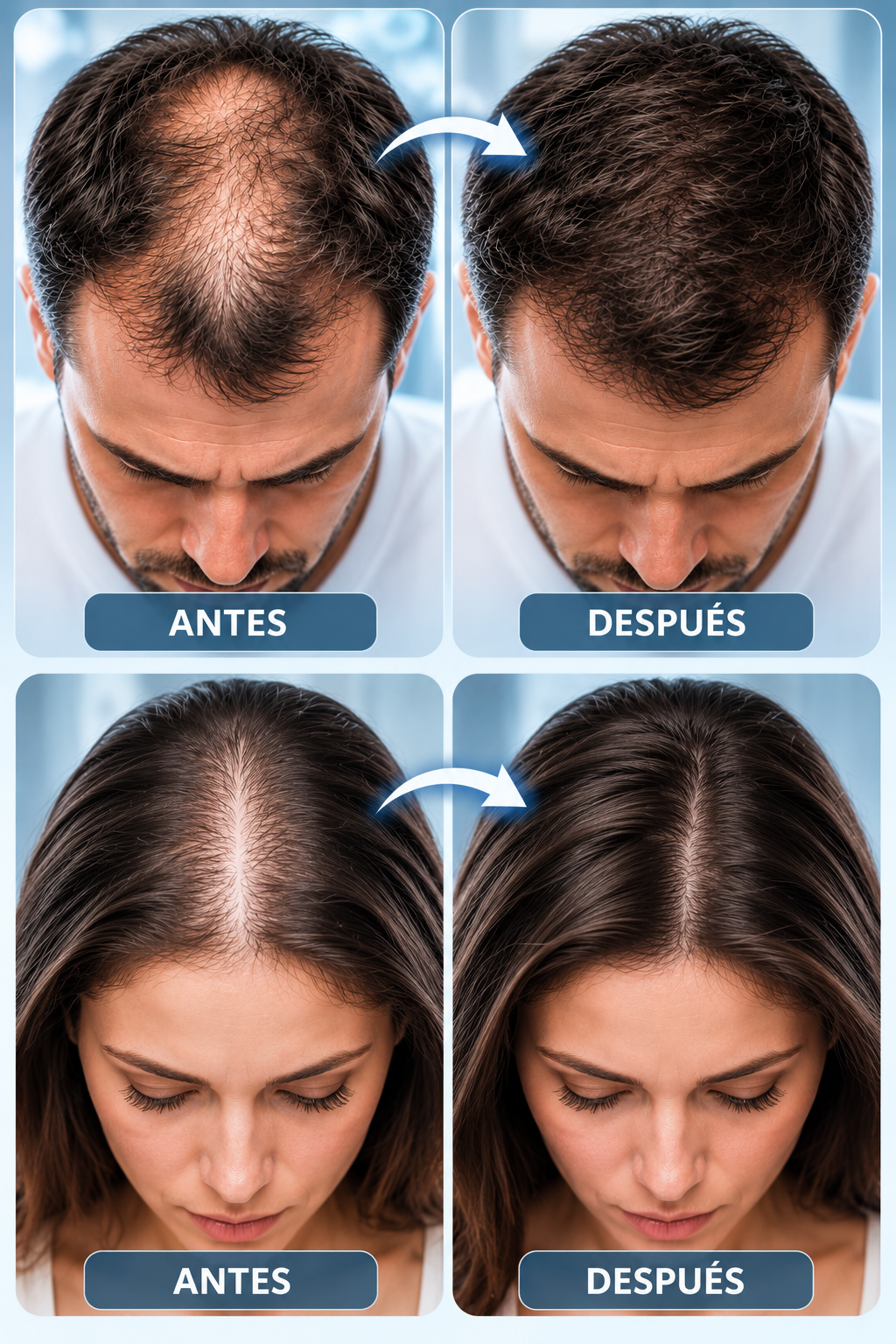 Imagen ilustrativa de antes y después de pérdida de densidad capilar en hombre y mujer
