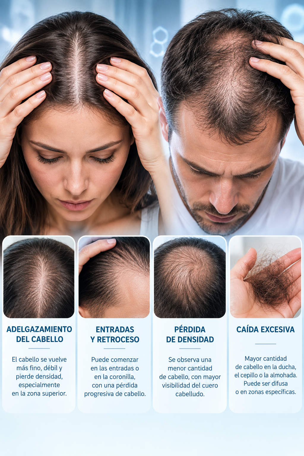Signos de caída del cabello y pérdida de densidad capilar en hombres y mujeres