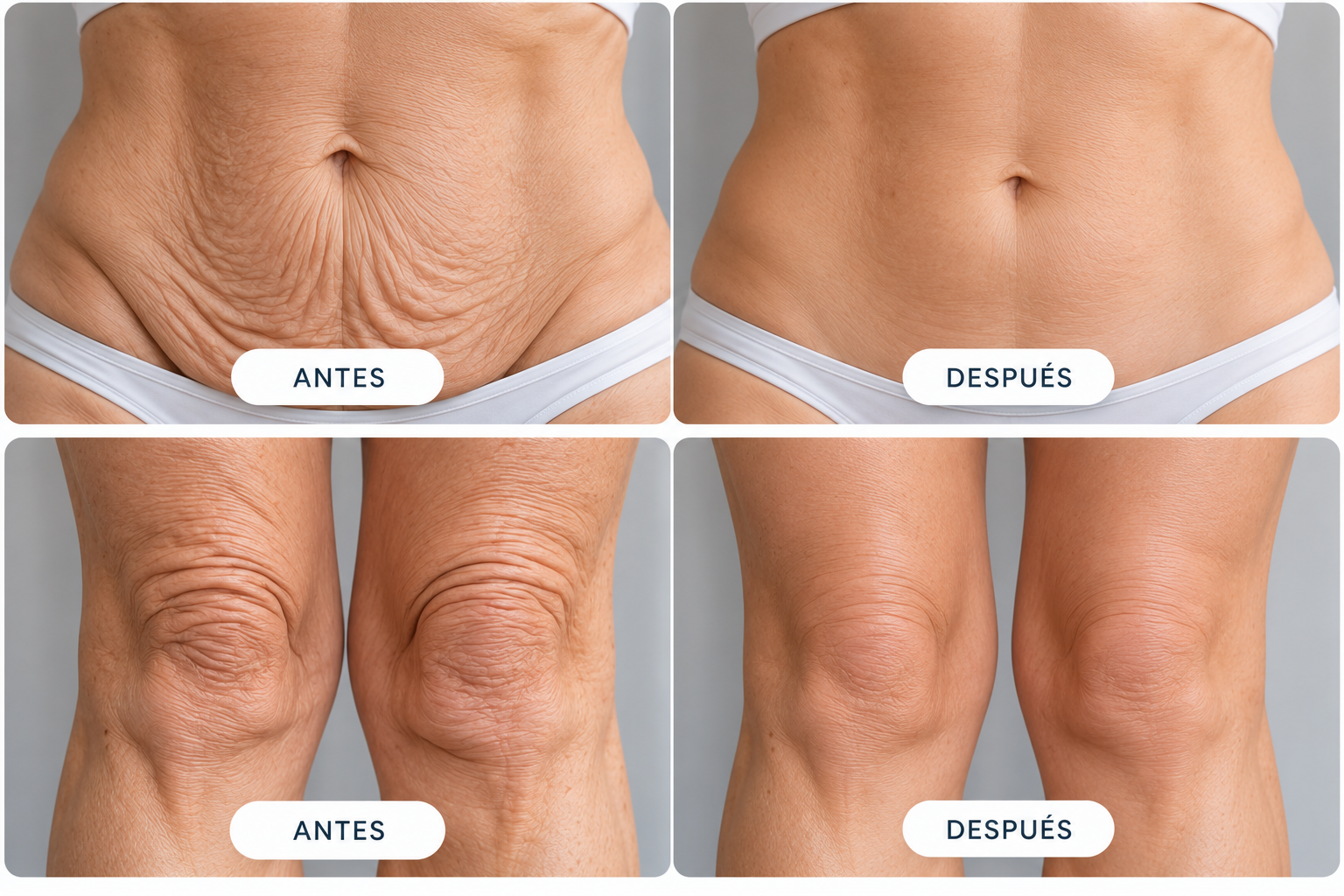 Comparación visual de antes y después en abdomen y rodillas